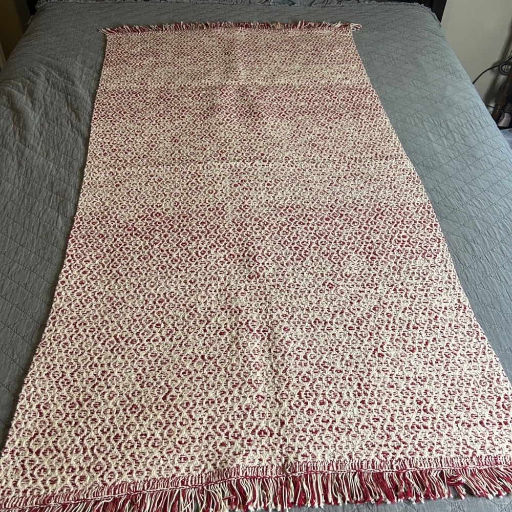 IKEA Rorkar Throw Blanket Rug 31x59 Cream Red Cotton‎ Diamond Pattern Fringe